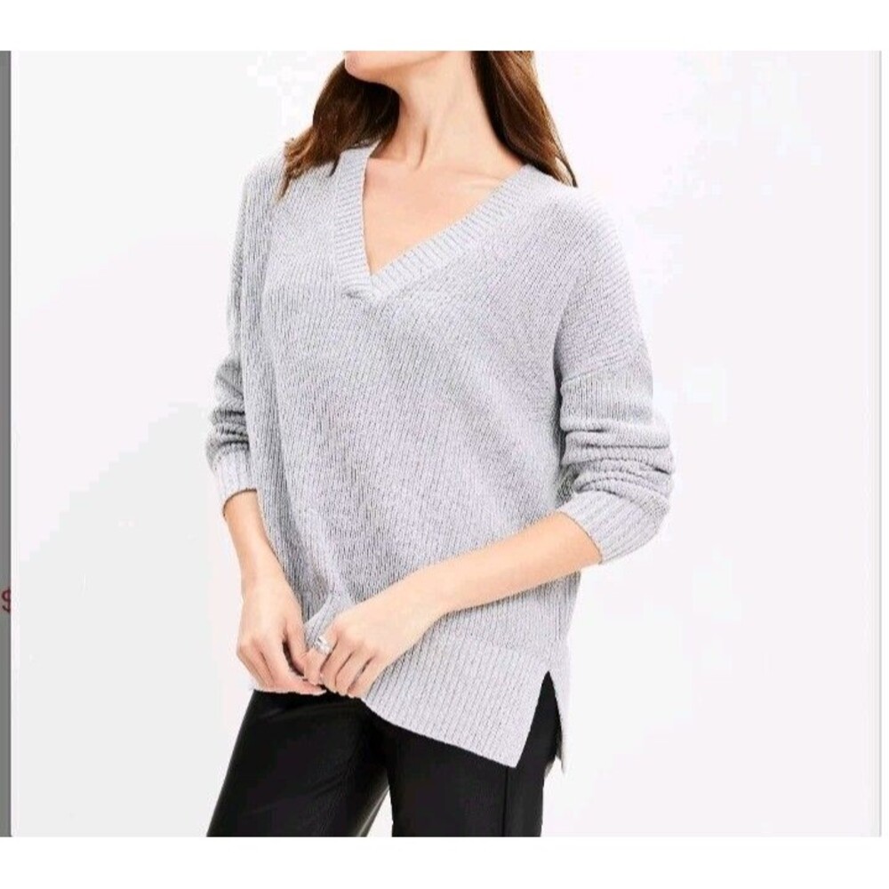 Ann Taylor LOFT Sweater Med Luxe Knit V-Neck Tunic Sweater Gray Marled
